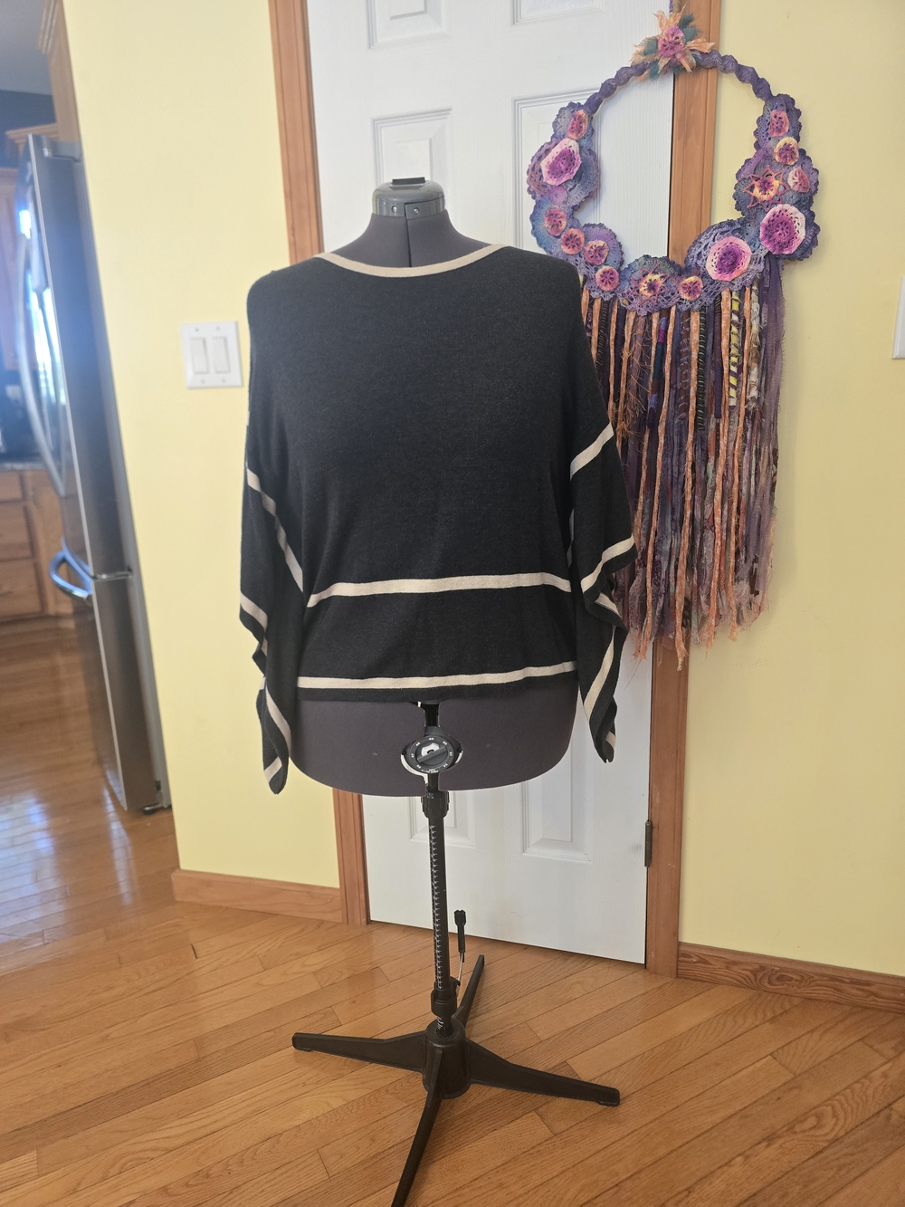 August Silk Charcole Gray Sweater with Cream Stripes Crewneck, Bat-wing Sleeves